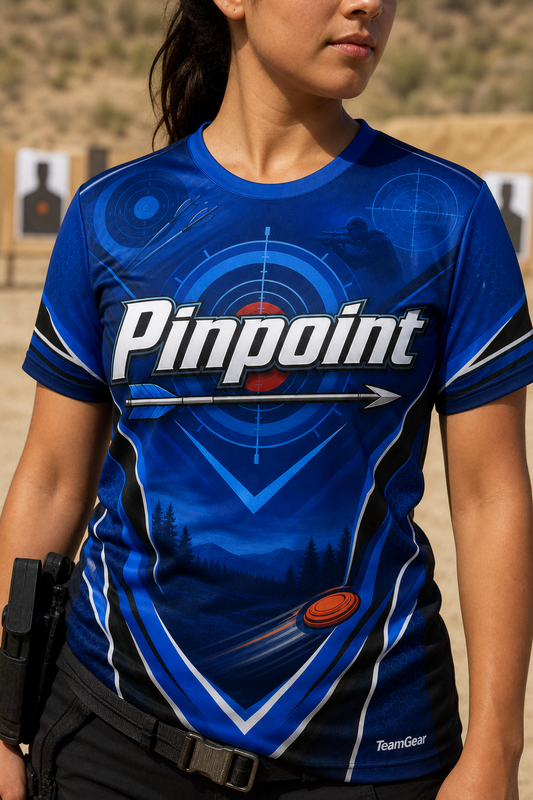 Pinpoint Blue Shooting Jersey — custom shooting jersey worn on model — TeamGear Canada