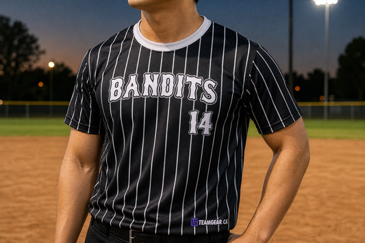 Pinstripe Bandits Black Softball Jersey — custom softball jersey worn on model — TeamGear Canada