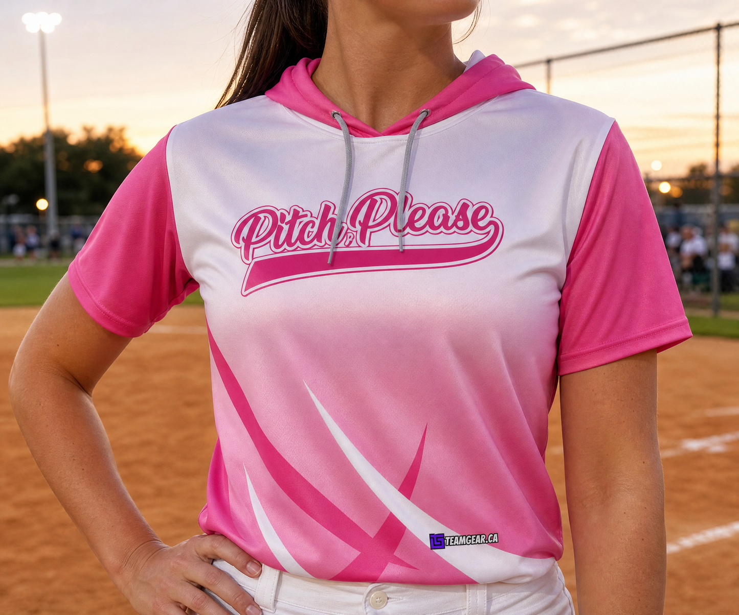 Pitch Please Pink Softball Hoodie — custom softball hoodie worn on model — TeamGear Canada