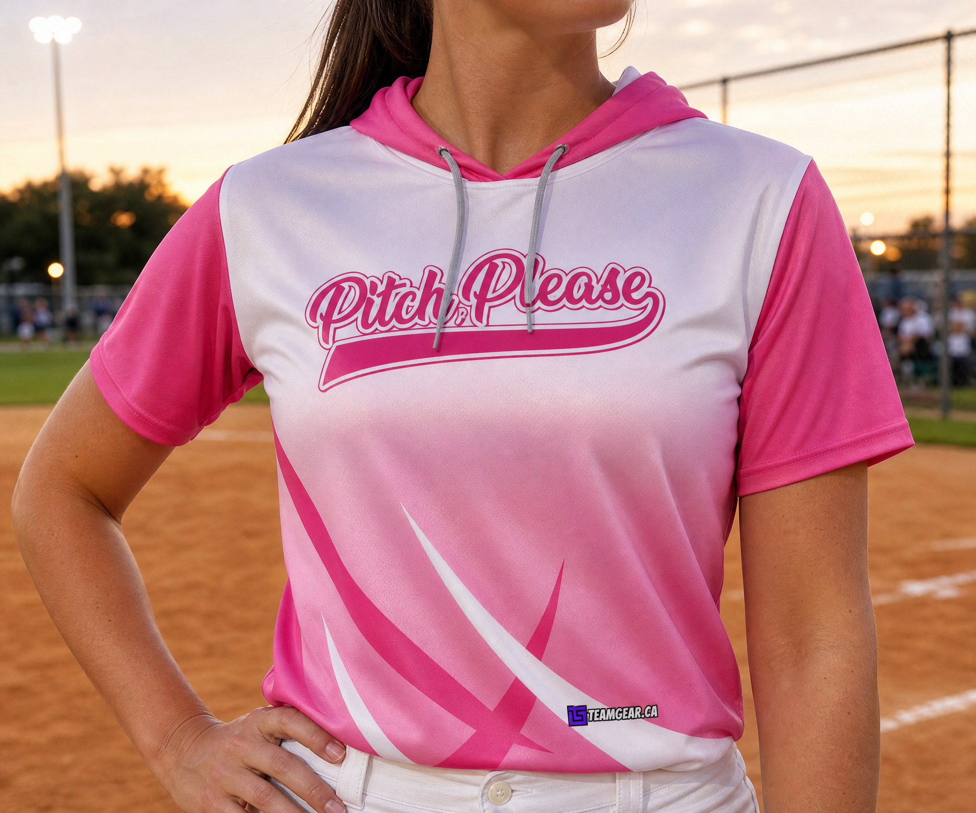 Pitch Please Pink Softball Hoodie — custom softball hoodie worn on model — TeamGear Canada