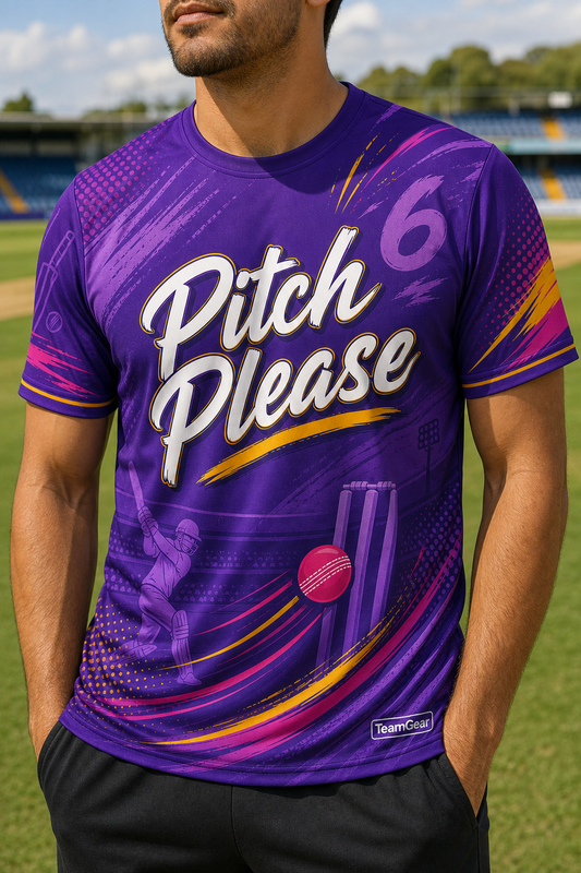 Pitch Please Purple Cricket Jersey — custom cricket jersey worn on model — TeamGear Canada