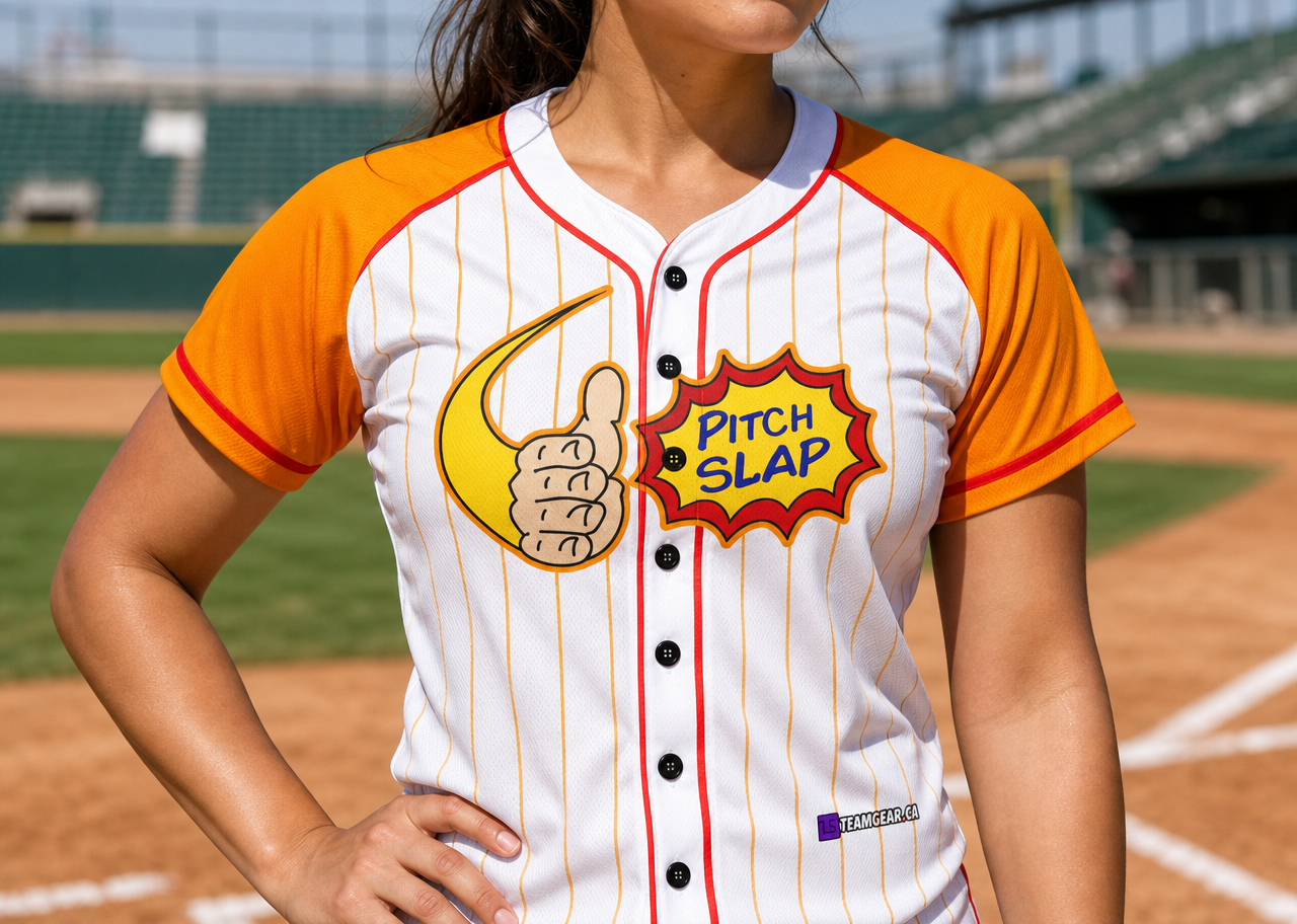 Pitch Slap Baseball Jersey Full Button — custom baseball jersey worn on model — TeamGear Canada