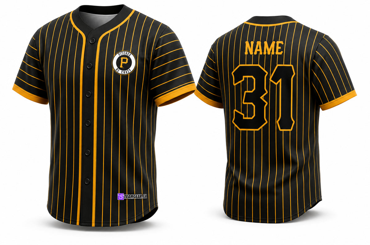 Pitches Be Crazy Black Pinstripe Baseball Jersey Full Button - front and back view