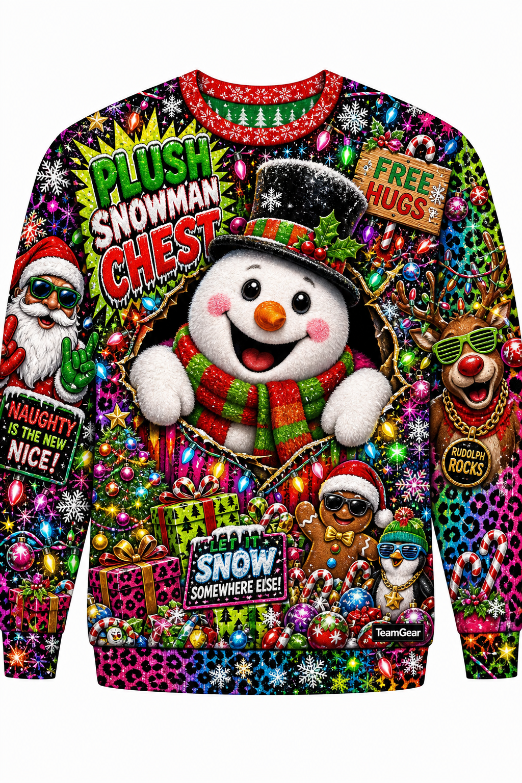 Plush Snowman Chest Ugly Christmas Sweater design