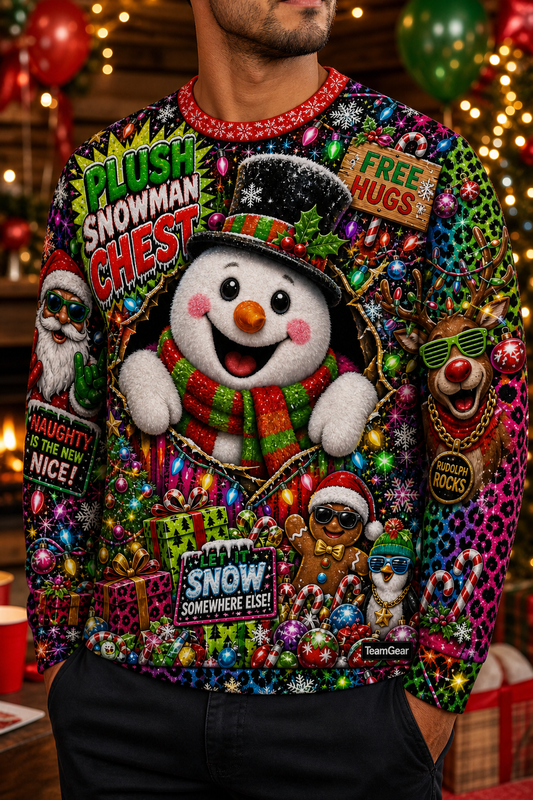 Plush Snowman Chest Ugly Christmas Sweater — custom christmas team apparel worn on model — TeamGear Canada