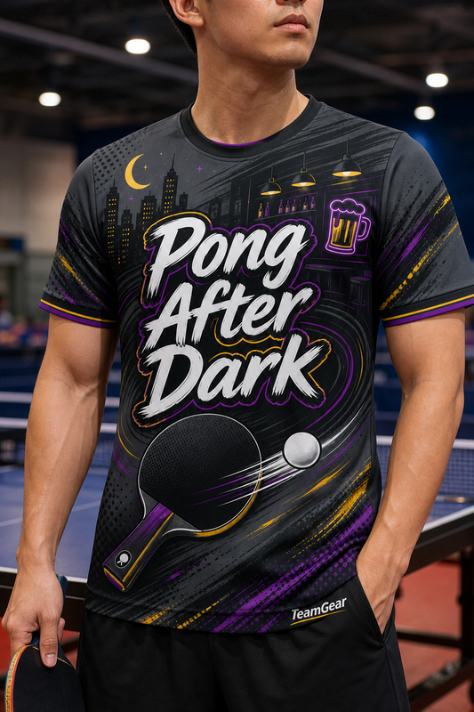 Pong After Dark Grey Table Tennis Jersey — custom table tennis jersey worn on model — TeamGear Canada