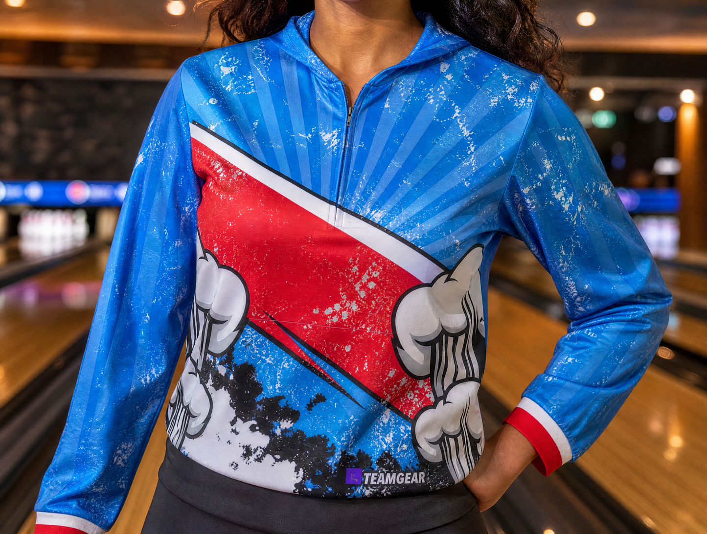 Pop Art Comic Bowling Hoodie — custom bowling hoodie worn on model — TeamGear Canada