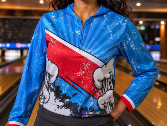 Pop Art Comic Bowling Hoodie — custom bowling hoodie worn on model — TeamGear Canada