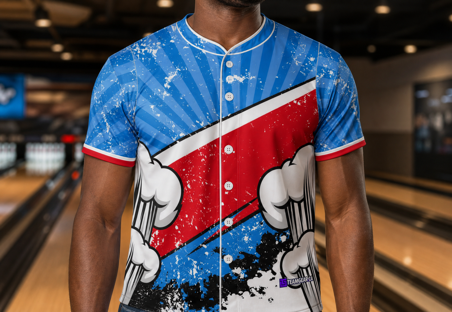 Pop Art Comic Bowling Jersey — custom bowling jersey worn on model — TeamGear Canada