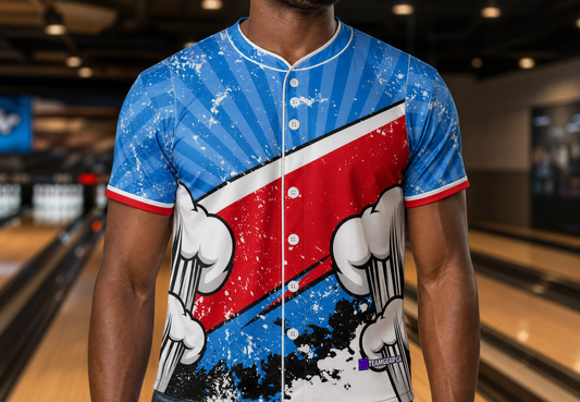 Pop Art Comic Bowling Jersey — custom bowling jersey worn on model — TeamGear Canada
