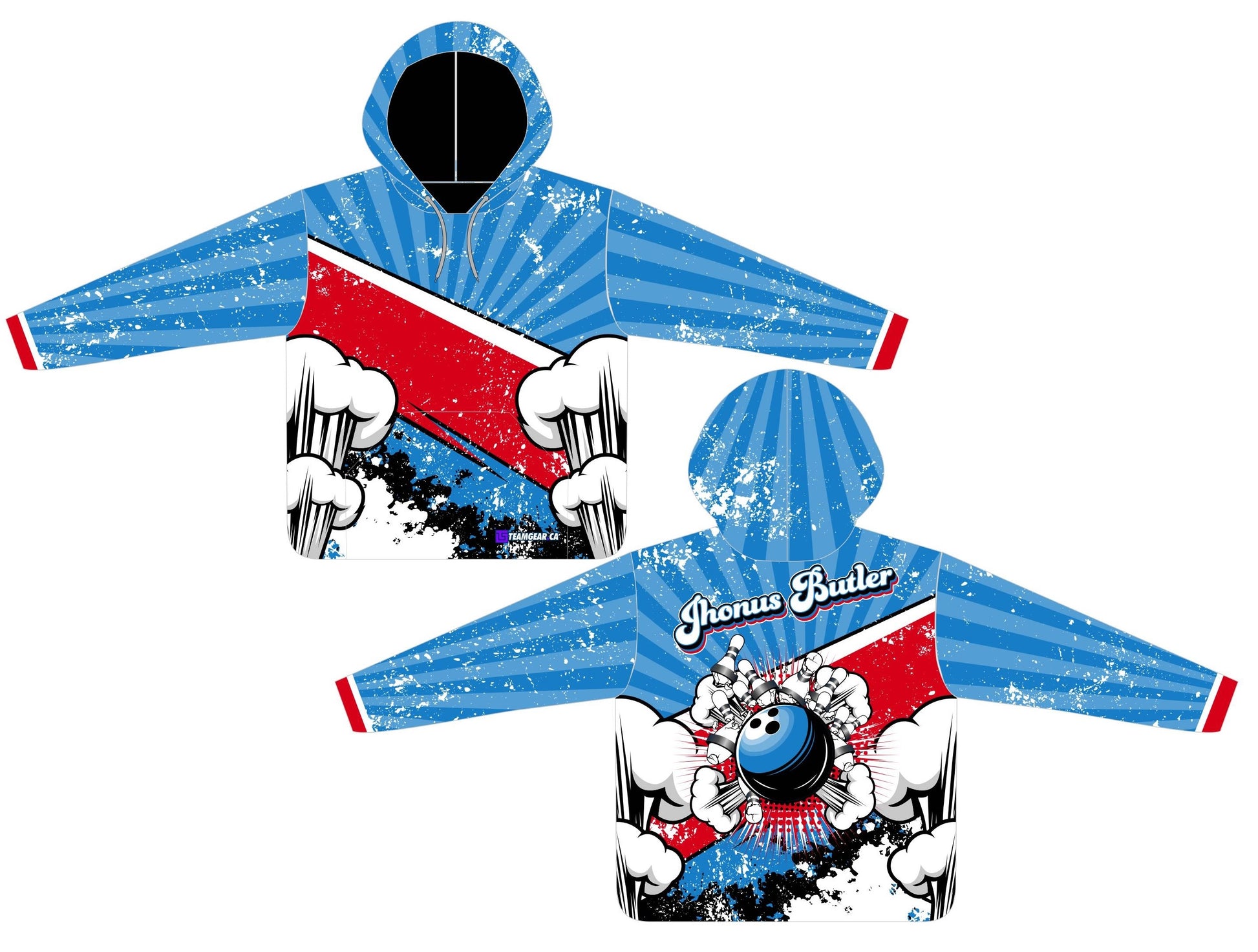 red and blue Pop Art Comic Bowling Hoodie