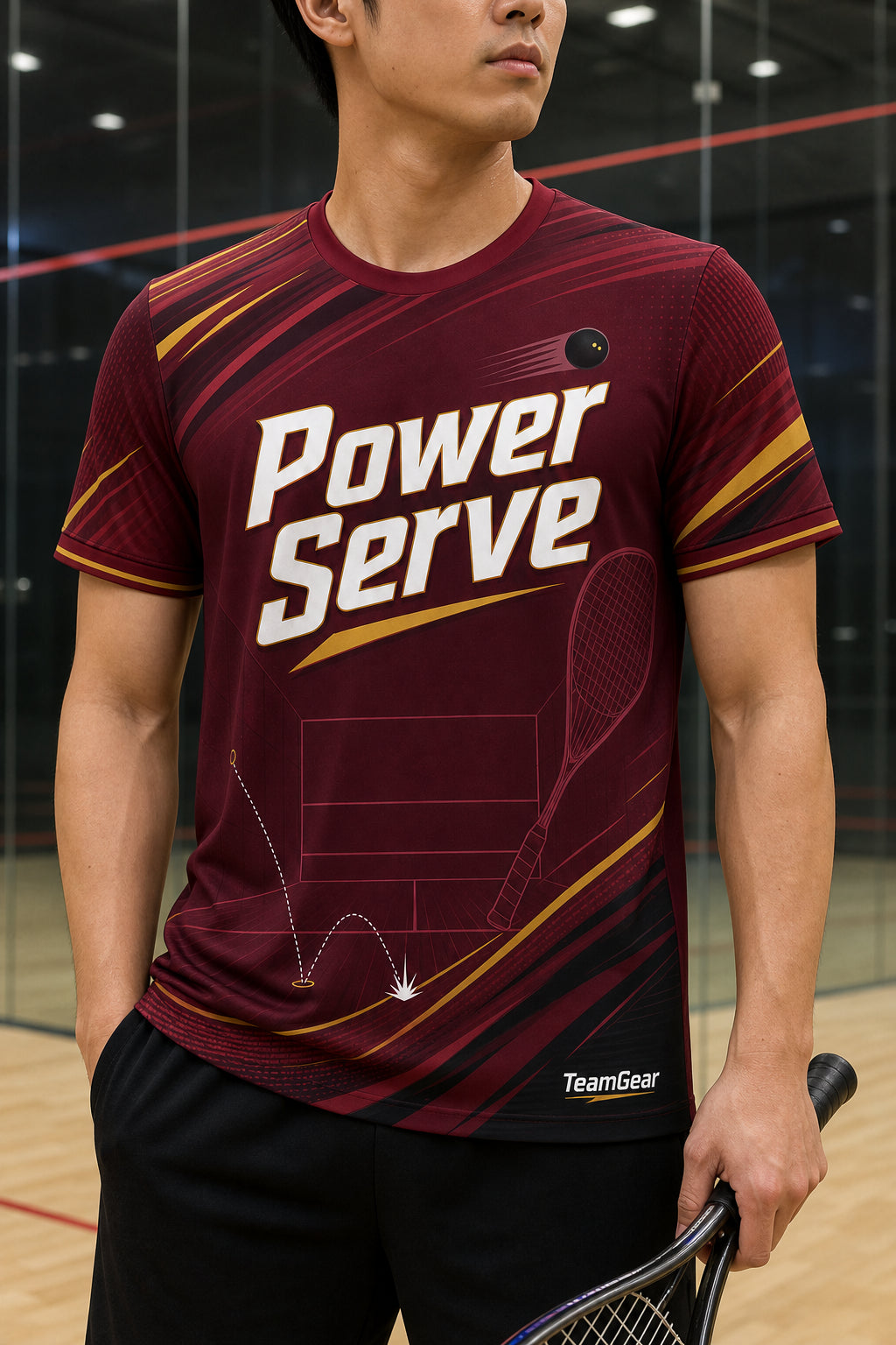 Power Serve Maroon Squash Jersey — custom squash jersey worn on model — TeamGear Canada