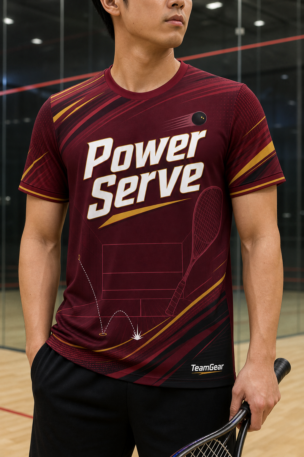 Power Serve Maroon Squash Jersey — custom squash jersey worn on model — TeamGear Canada