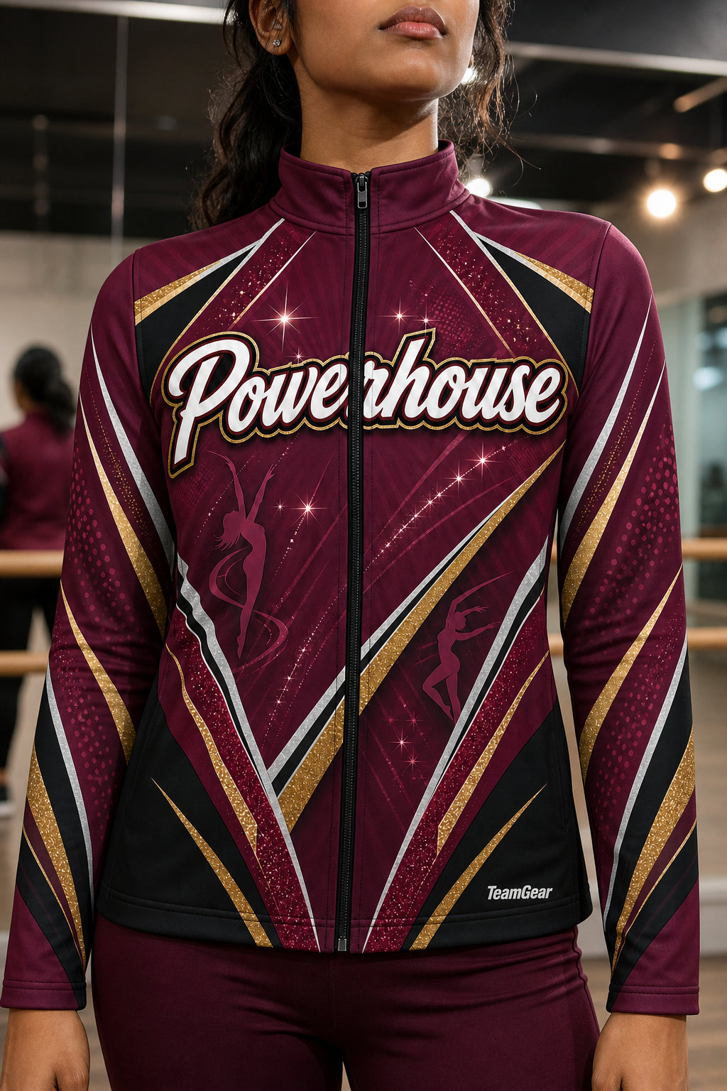 Powerhouse Maroon Dance Jacket — custom dance jacket worn on model — TeamGear Canada