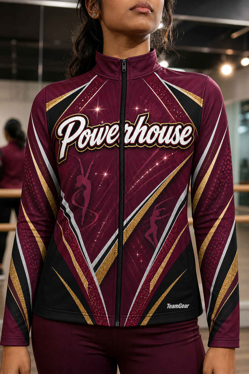 Powerhouse Maroon Dance Jacket — custom dance jacket worn on model — TeamGear Canada