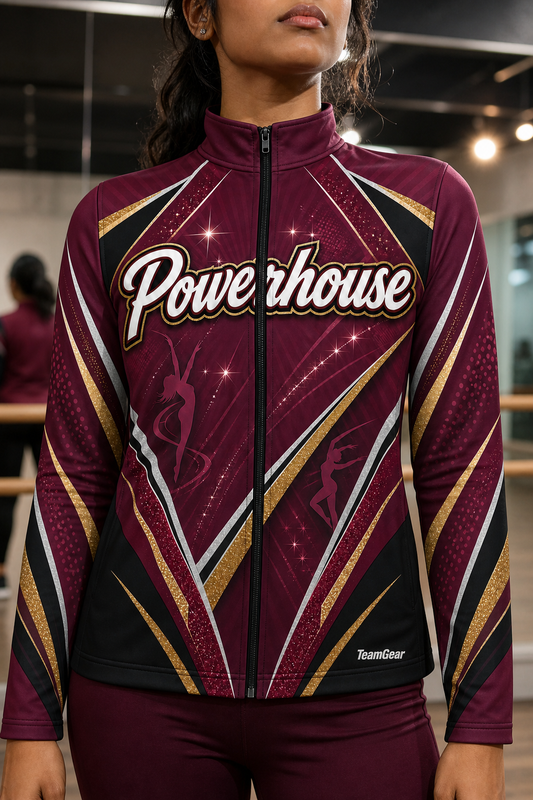 Powerhouse Maroon Dance Jacket — custom dance jacket worn on model — TeamGear Canada