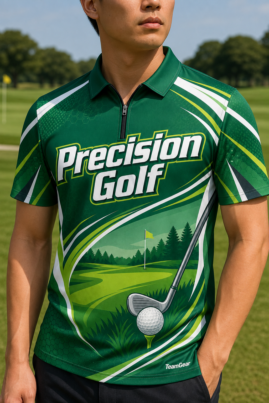 Precision Golf Green Golf Polo — custom golf team apparel worn on model — TeamGear Canada