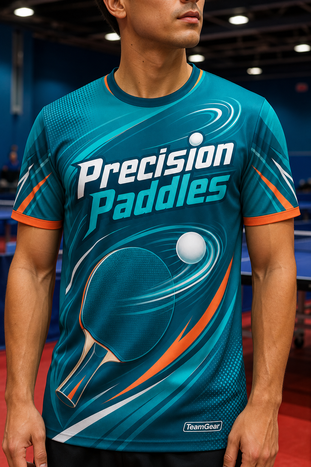 Precision Paddles Teal Table Tennis Jersey — custom table tennis jersey worn on model — TeamGear Canada