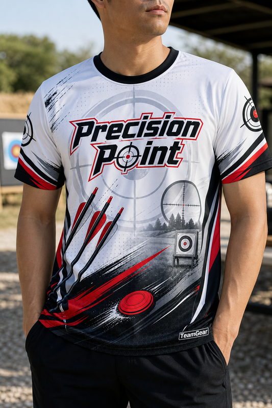 Precision Point White Shooting Jersey — custom shooting jersey worn on model — TeamGear Canada