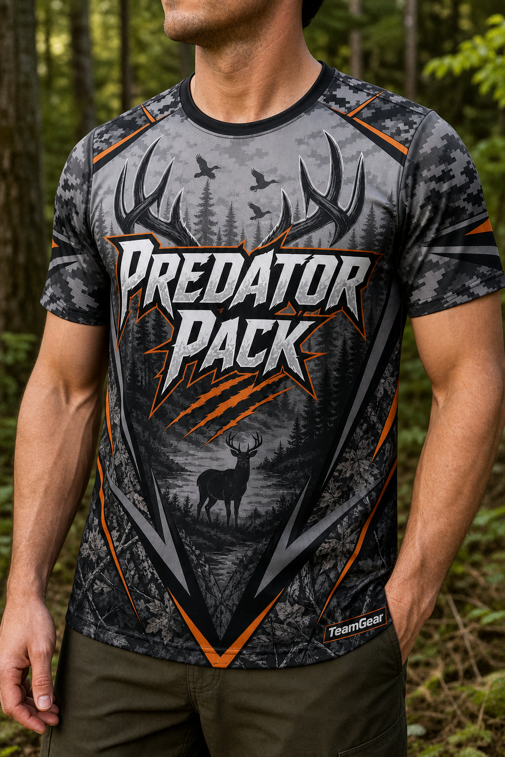 Predator Pack Grey Hunting Jersey — custom hunting jersey worn on model — TeamGear Canada