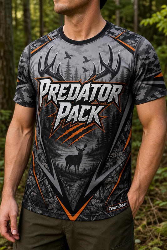 Predator Pack Grey Hunting Jersey — custom hunting jersey worn on model — TeamGear Canada