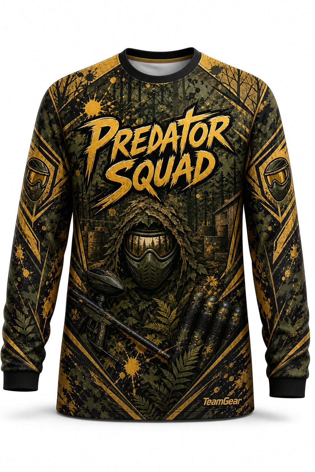 Predator Squad Gold Long Sleeve Paintball Jersey - front and back view