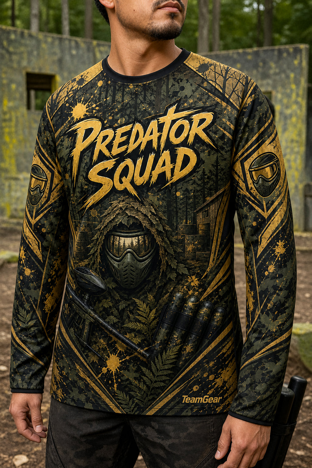 Predator Squad Gold Long Sleeve Paintball Jersey — custom paintball jersey worn on model — TeamGear Canada
