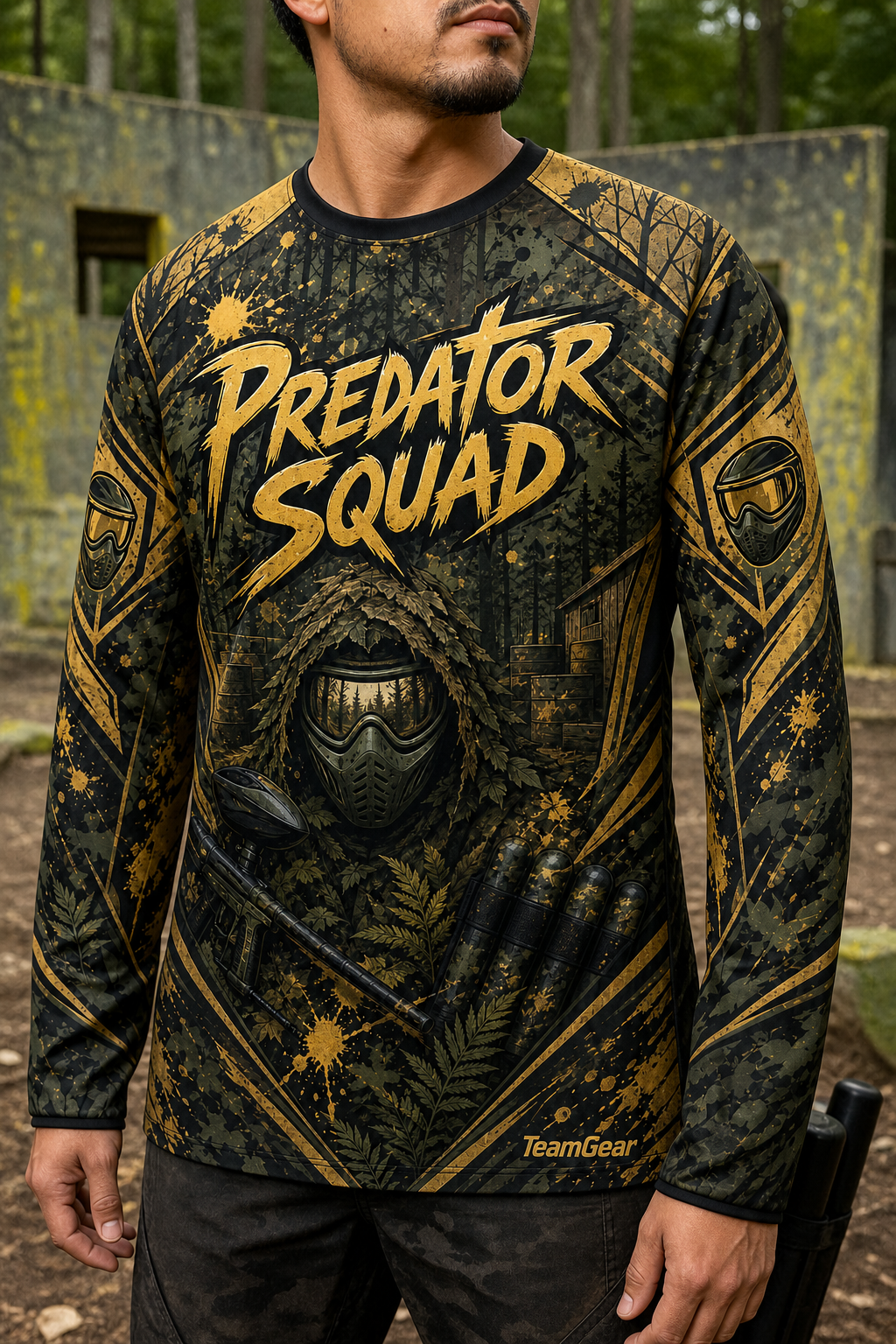 Predator Squad Gold Long Sleeve Paintball Jersey — custom paintball jersey worn on model — TeamGear Canada