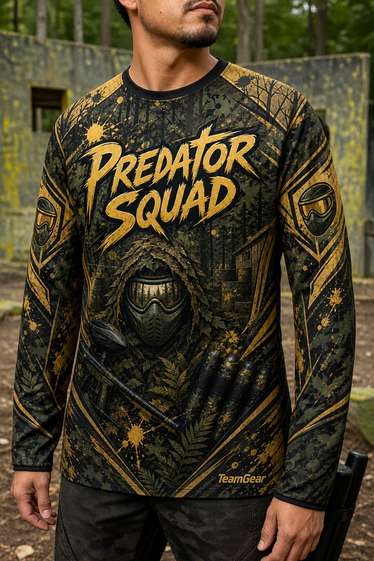 Predator Squad Gold Long Sleeve Paintball Jersey — custom paintball jersey worn on model — TeamGear Canada