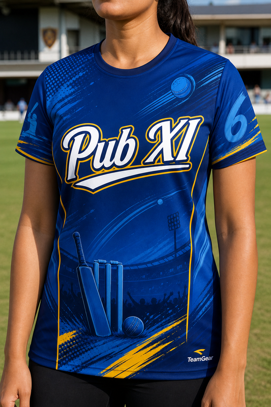 Pub XI Blue Cricket Jersey — custom cricket jersey worn on model — TeamGear Canada