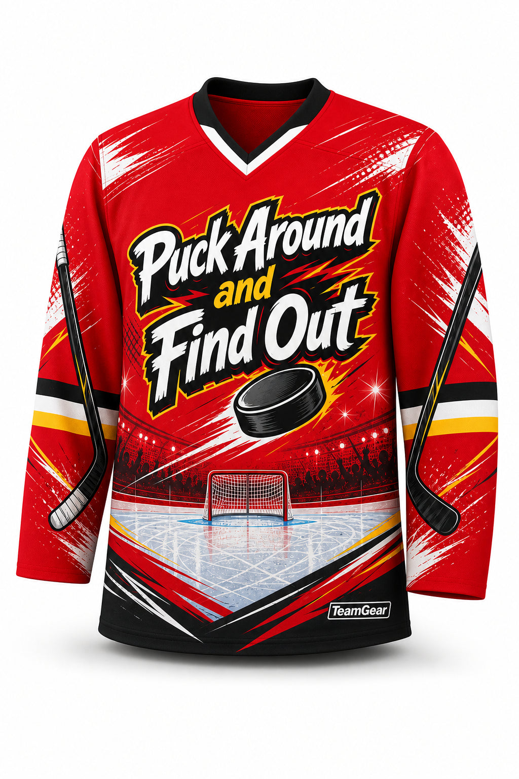 Puck Around and Find Out Red Hockey Jersey - front and back view