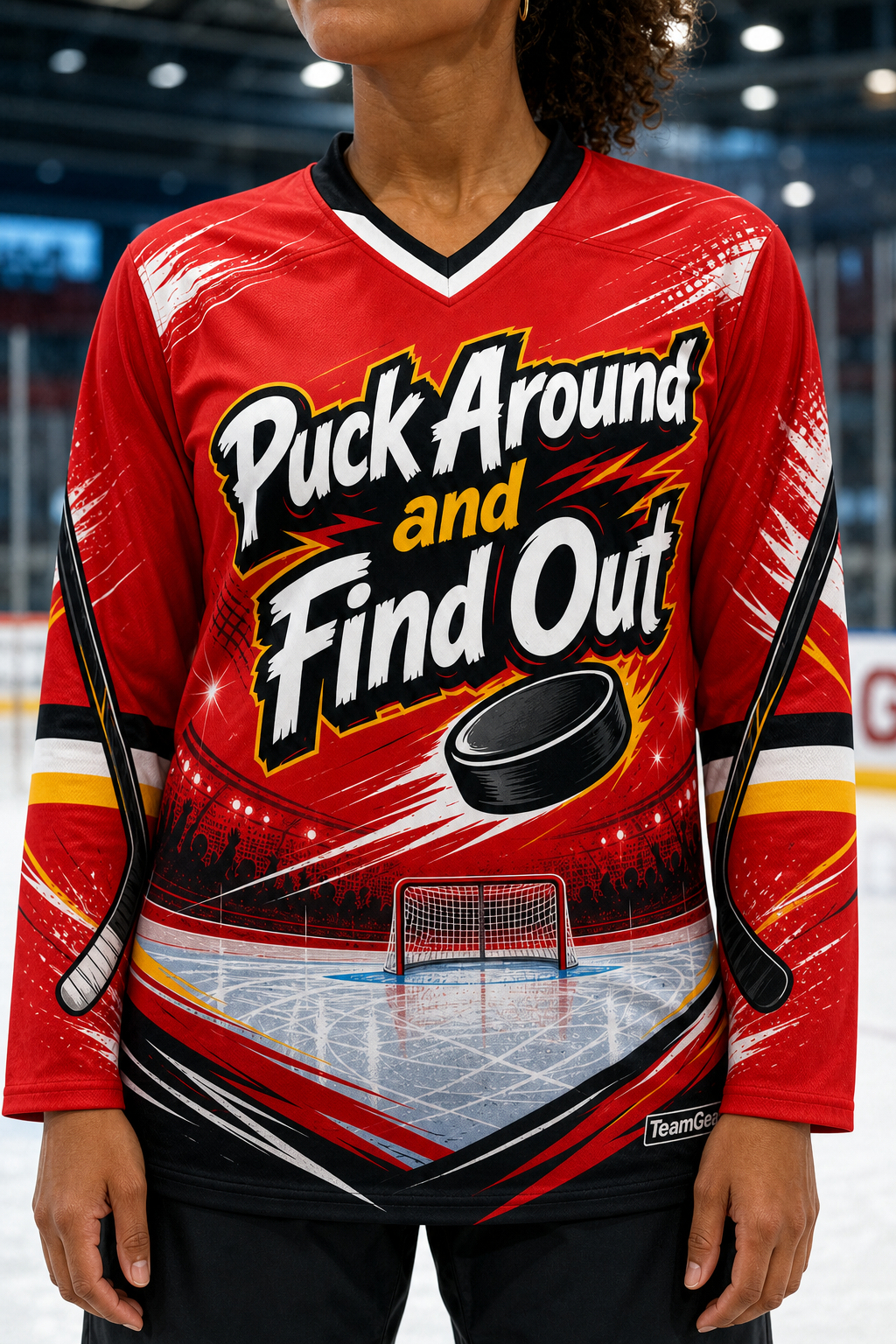 Puck Around and Find Out Red Hockey Jersey — custom hockey jersey worn on model — TeamGear Canada