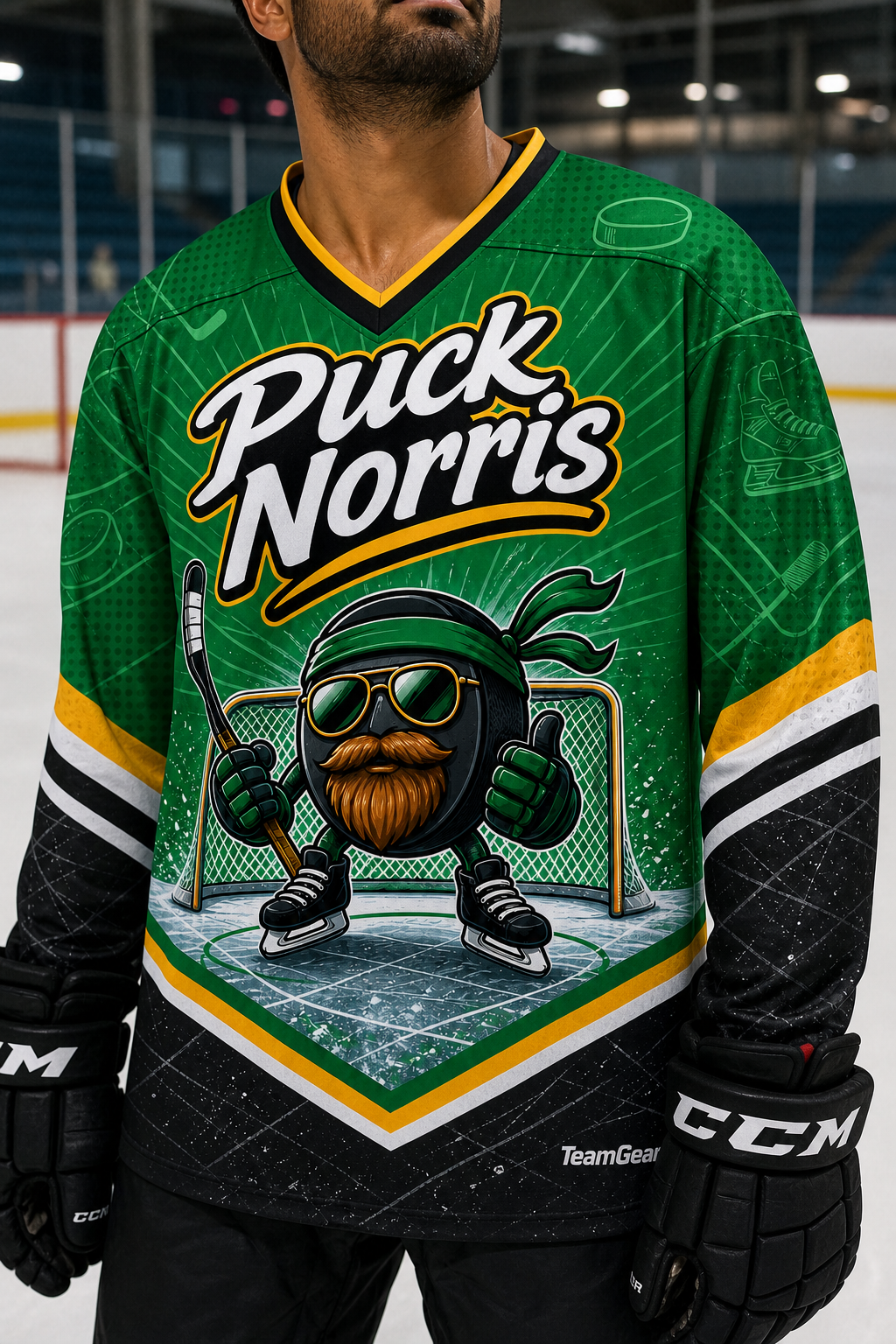 Puck Norris Green Hockey Jersey — custom hockey jersey worn on model — TeamGear Canada