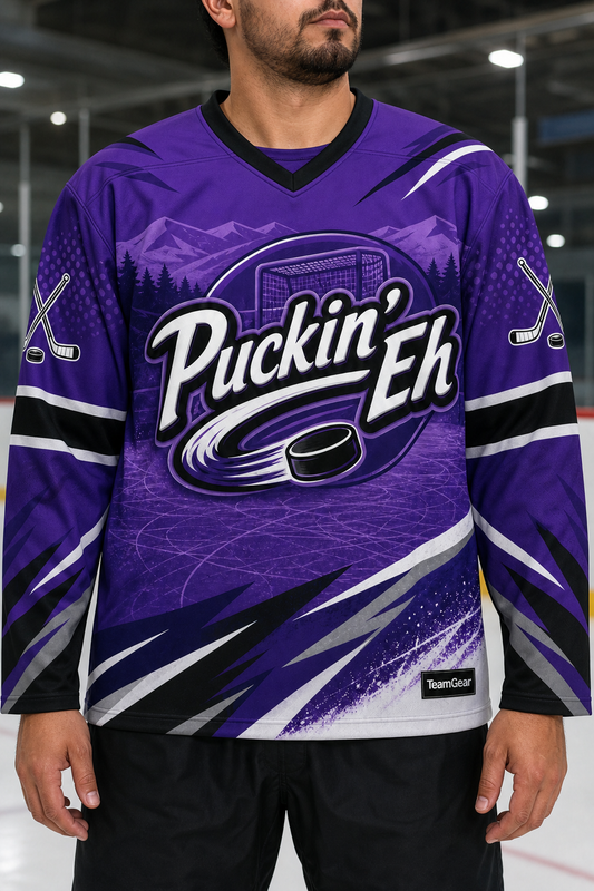 Puckin' Eh Purple Hockey Jersey — custom hockey jersey worn on model — TeamGear Canada