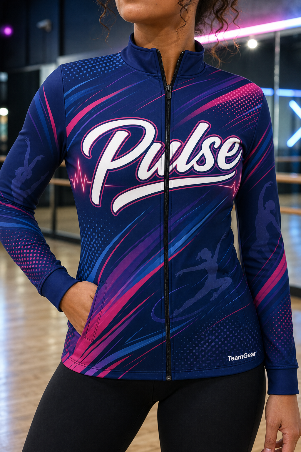 Pulse Navy Dance Jacket — custom dance jacket worn on model — TeamGear Canada