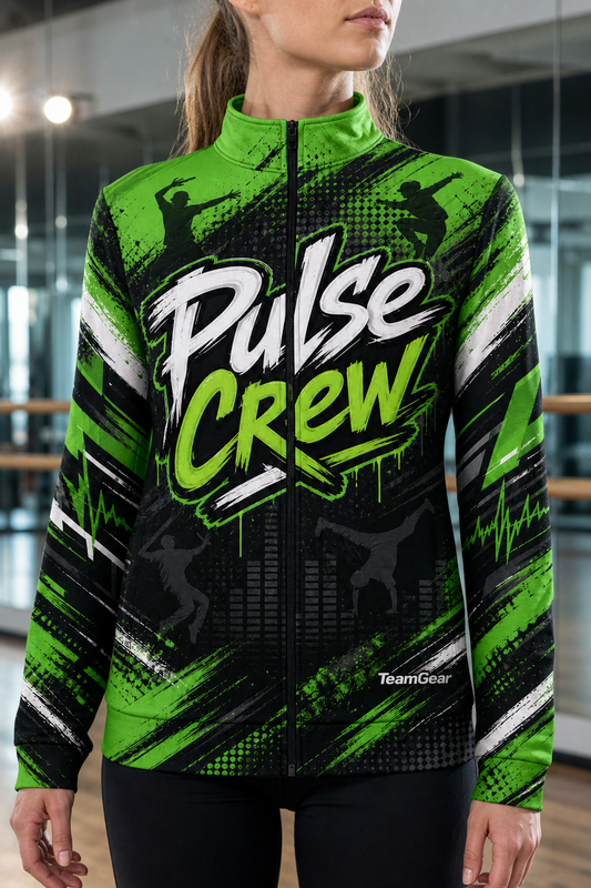 Pulse Crew Green Dance Jacket — custom dance jacket worn on model — TeamGear Canada