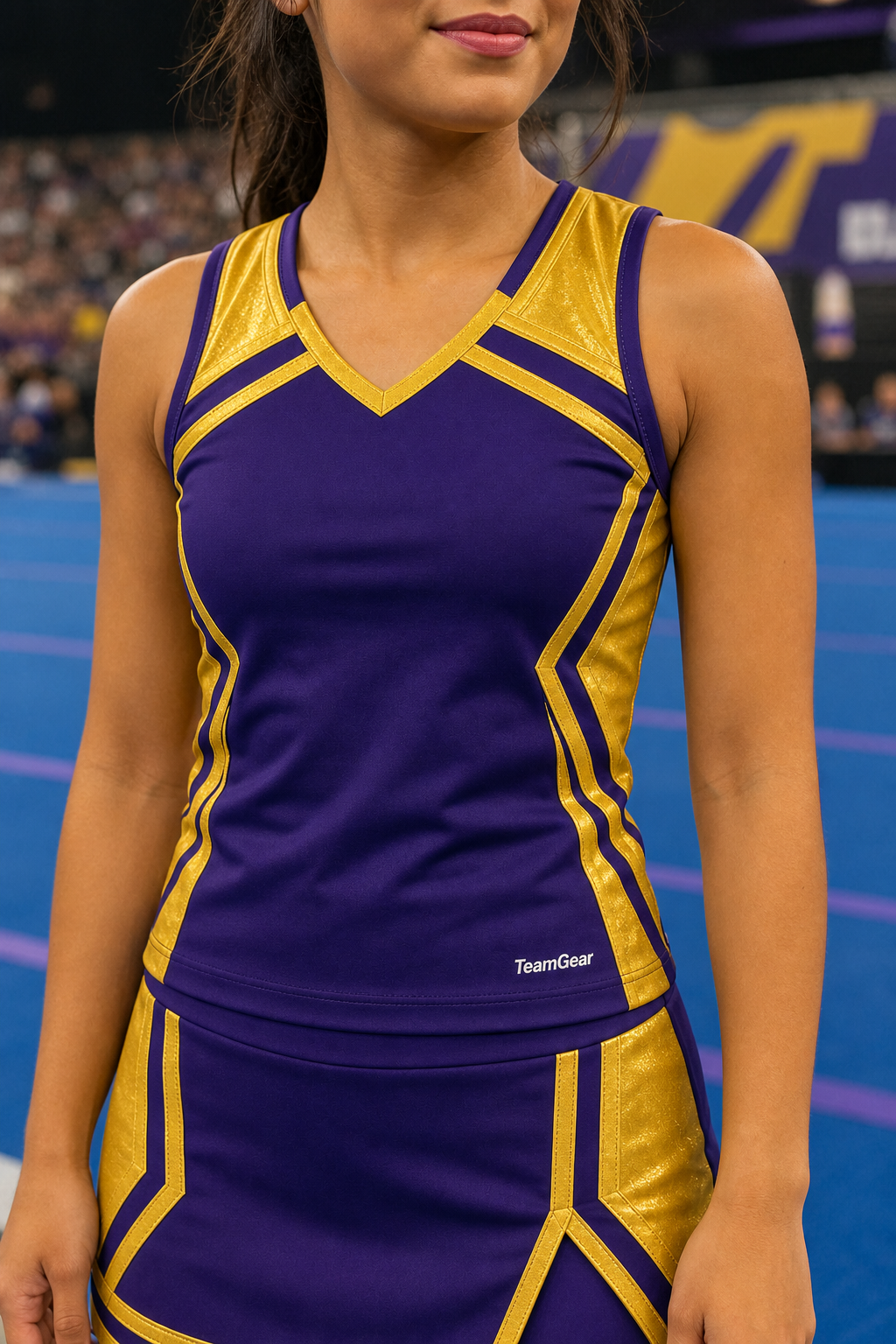 Purple and Gold Cheerleading Uniform — custom cheerleading team apparel worn on model — TeamGear Canada