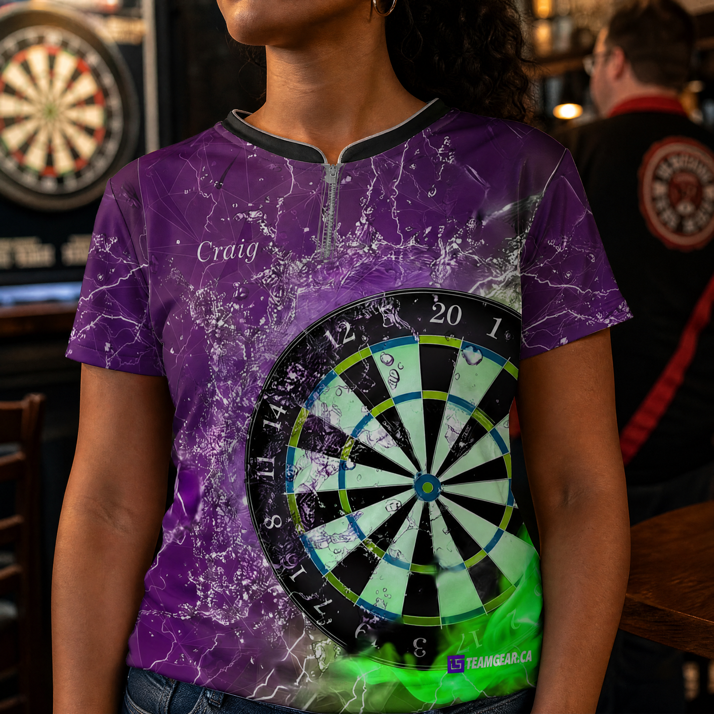 Purple and Green Competitive Darts Jersey — custom darts jersey worn on model — TeamGear Canada