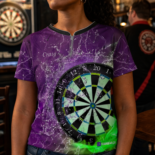 Purple and Green Competitive Darts Jersey — custom darts jersey worn on model — TeamGear Canada