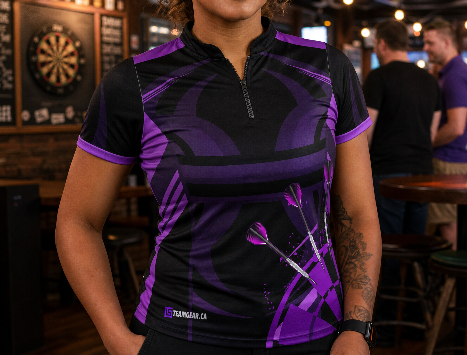Purple Darts Jersey — custom darts jersey worn on model — TeamGear Canada