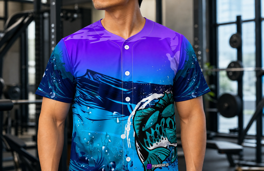 Purple Fishing Jersey — custom jersey worn on model — TeamGear Canada
