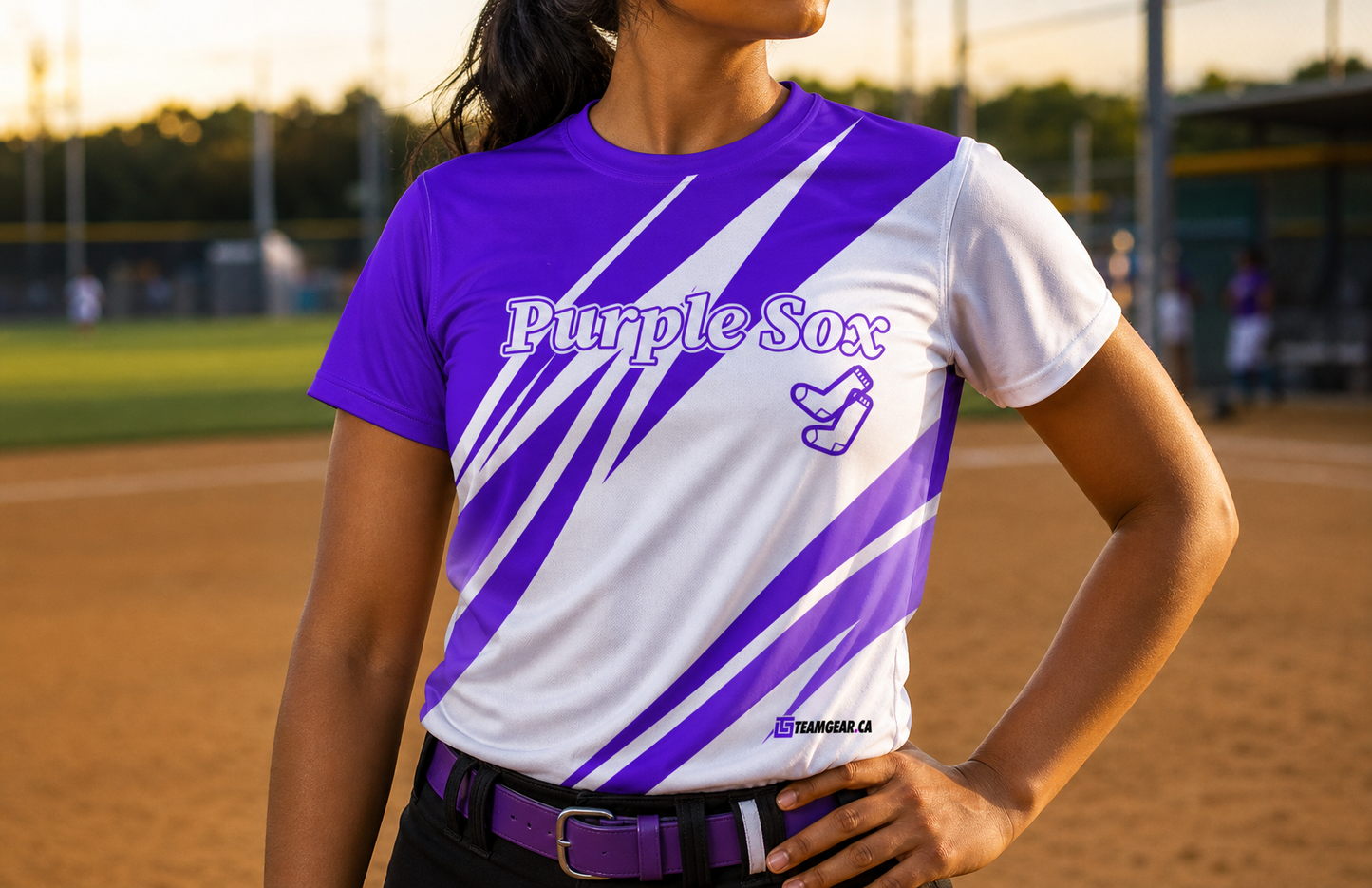 Purple Sox Softball Jersey — custom softball jersey worn on model — TeamGear Canada