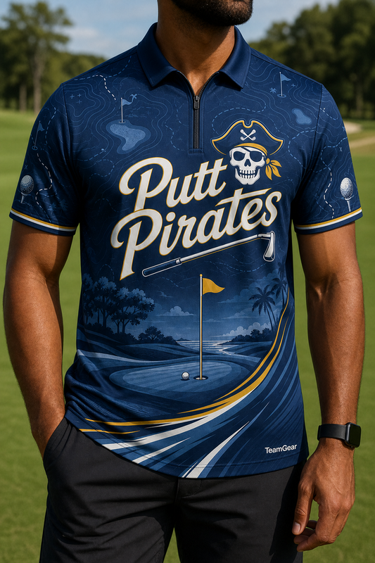 Putt Pirates Navy Golf Polo — custom golf team apparel worn on model — TeamGear Canada