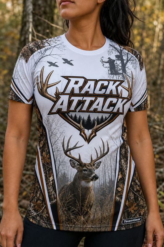 Rack Attack White Hunting Jersey — custom hunting jersey worn on model — TeamGear Canada