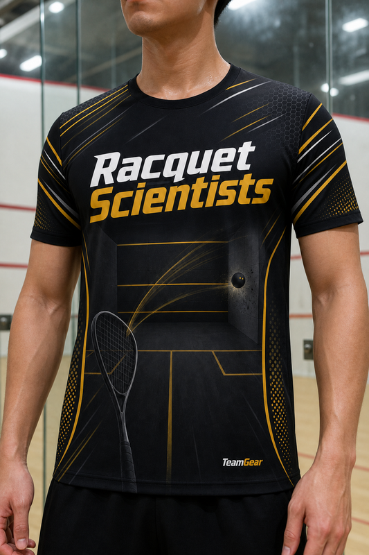 Racquet Scientists Black Squash Jersey — custom squash jersey worn on model — TeamGear Canada