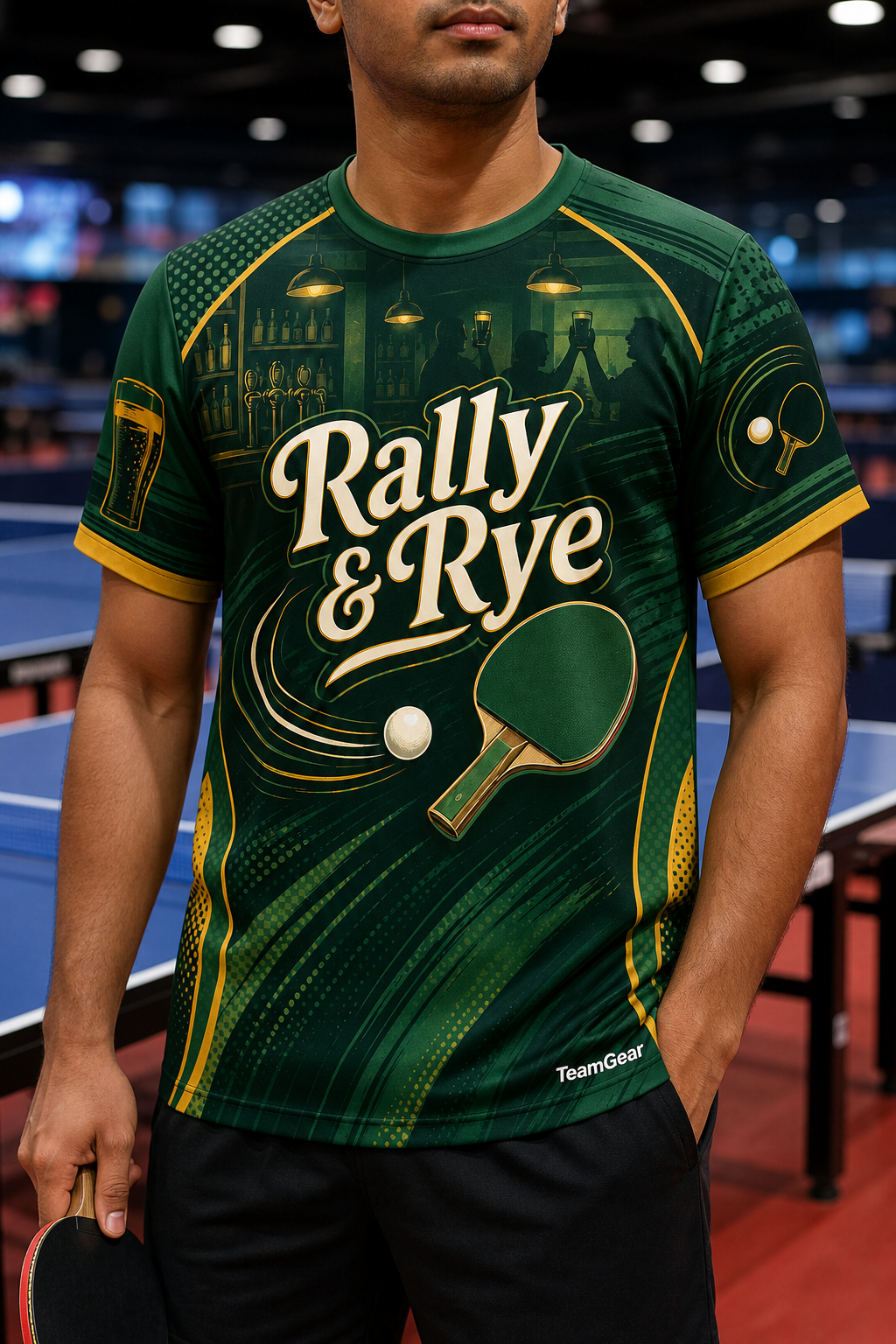 Rally & Rye Green Table Tennis Jersey — custom table tennis jersey worn on model — TeamGear Canada