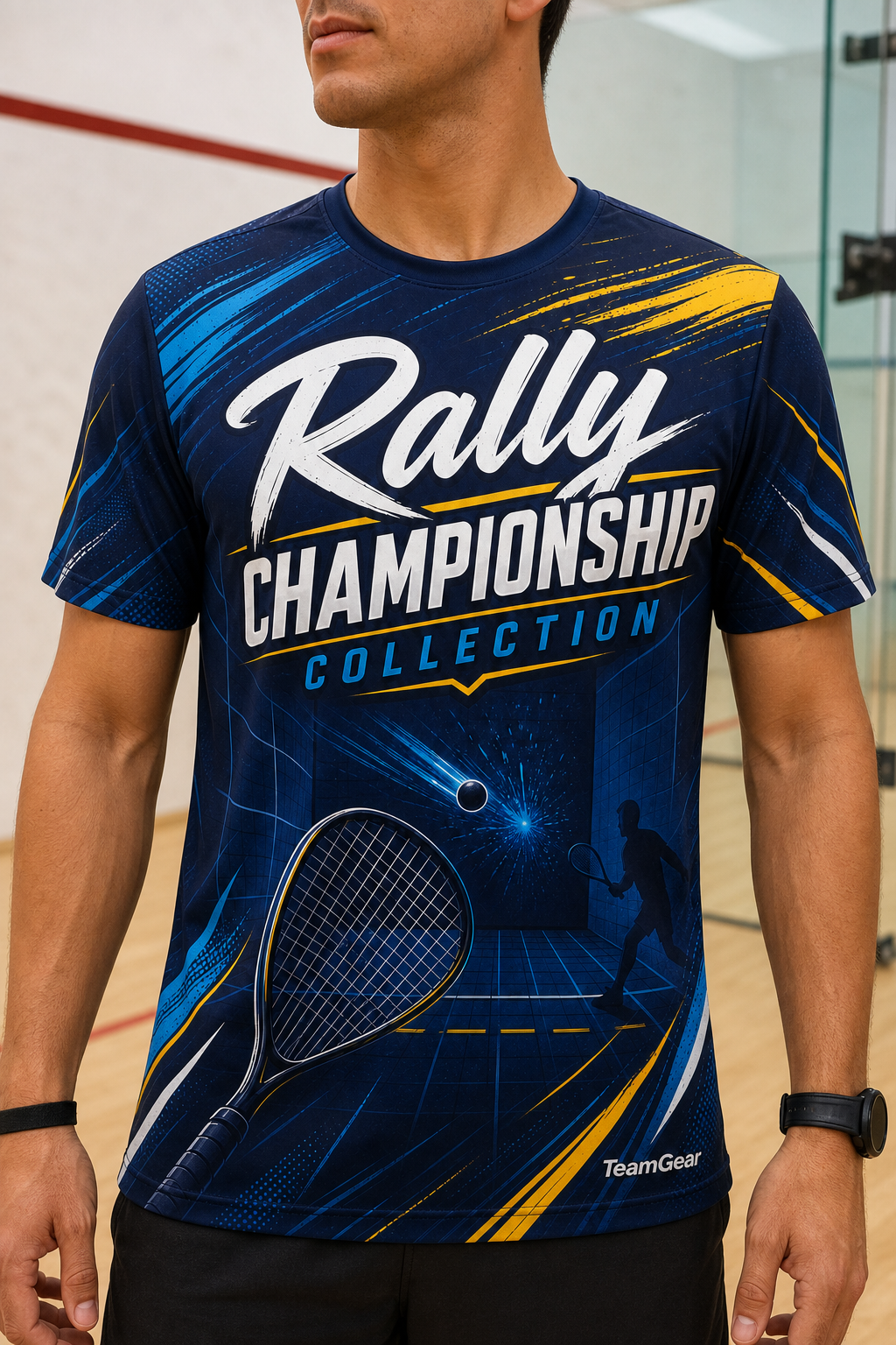 Rally Championship Collection Navy Racquetball Jersey — custom racquetball jersey worn on model — TeamGear Canada