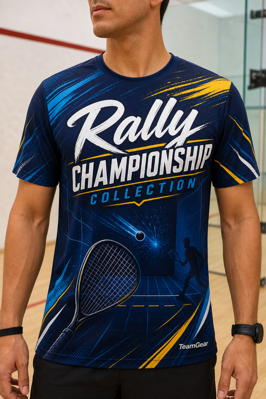 Rally Championship Collection Navy Racquetball Jersey — custom racquetball jersey worn on model — TeamGear Canada
