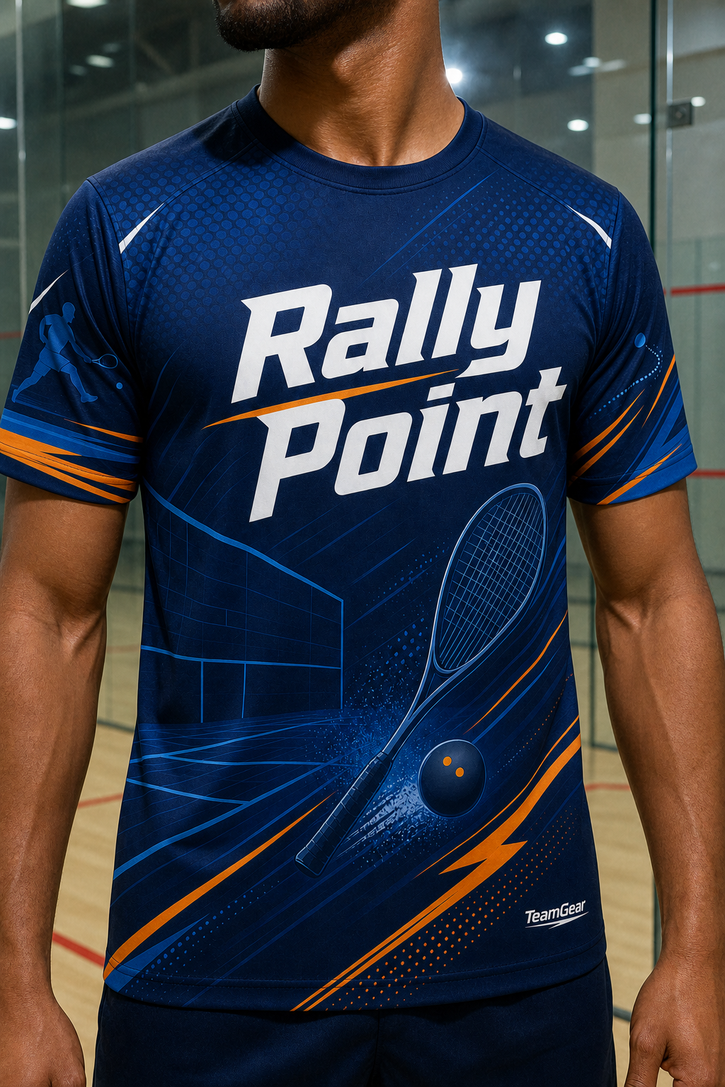 Rally Point Navy Squash Jersey — custom squash jersey worn on model — TeamGear Canada