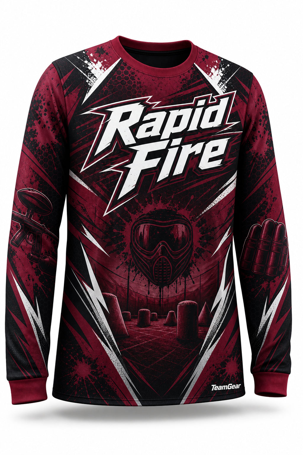 Rapid Fire Maroon Long Sleeve Paintball Jersey - front and back view